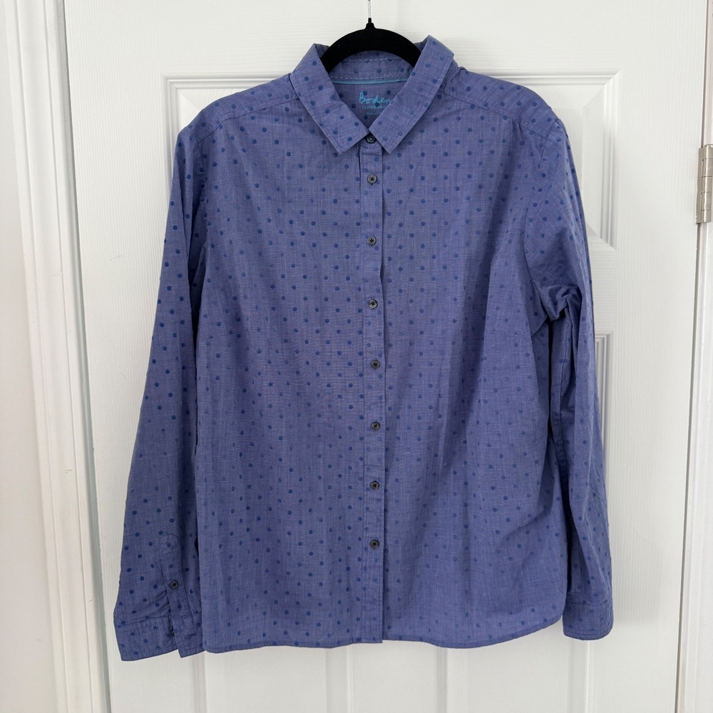 Boden Classic Shirt Blue Dot Pattern Long Sleeve Button Up Women's L Polka Dots